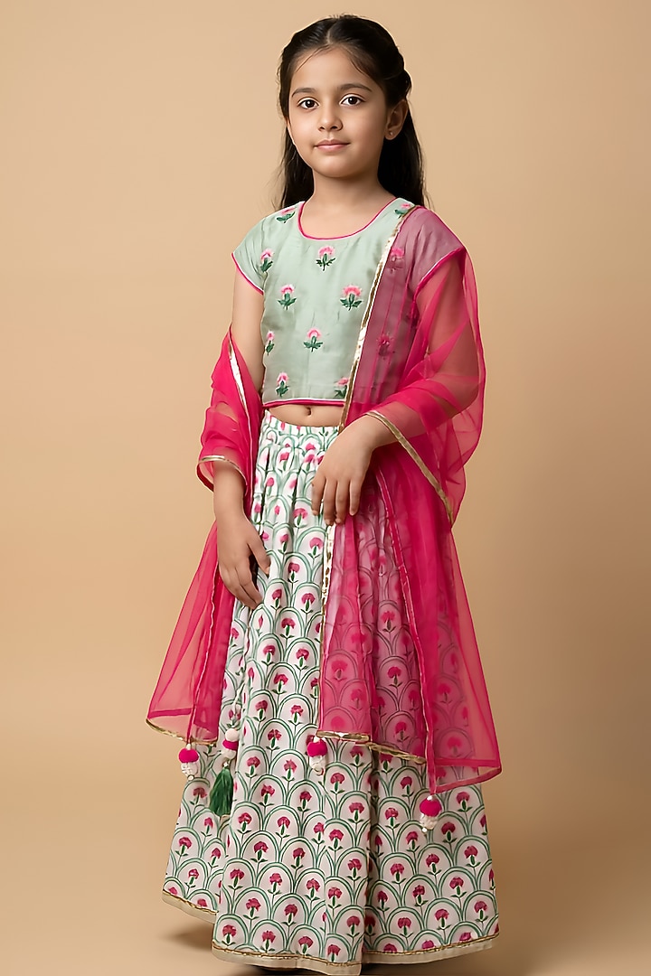 Pastel Green Cotton Muslin Gathered Lehenga Set For Girls by Be Bonnie at Pernia's Pop Up Shop