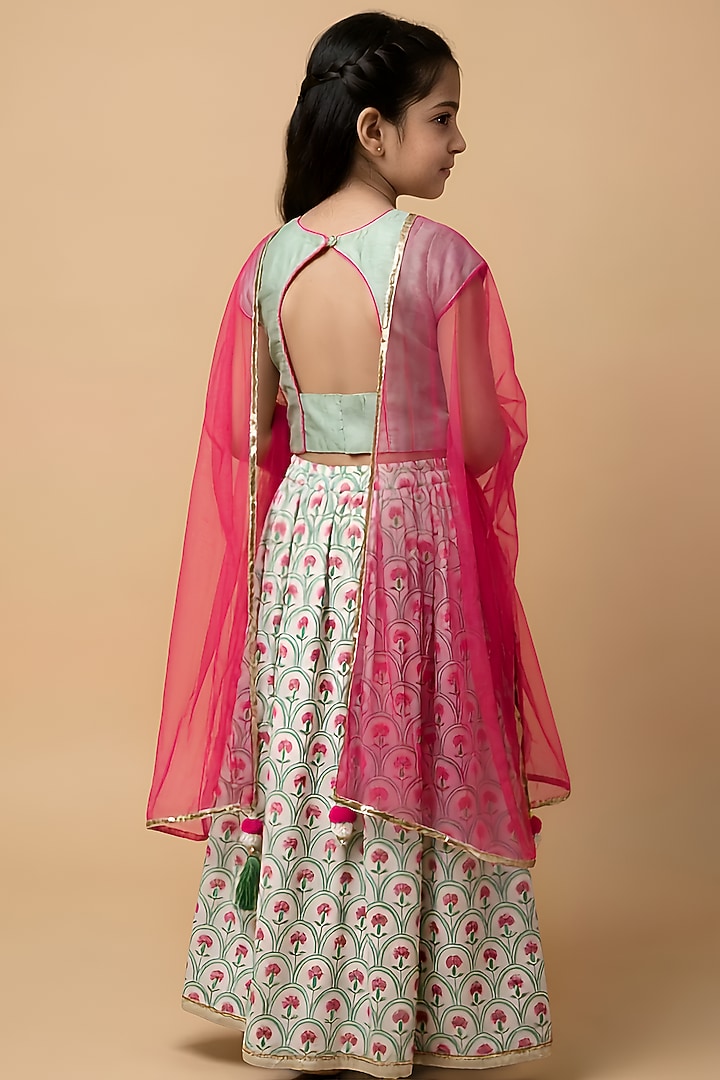 Pastel Green Cotton Muslin Gathered Lehenga Set For Girls by Be Bonnie at Pernia's Pop Up Shop