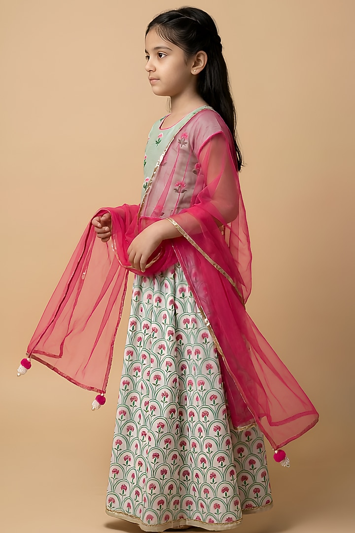 Pastel Green Cotton Muslin Gathered Lehenga Set For Girls by Be Bonnie at Pernia's Pop Up Shop
