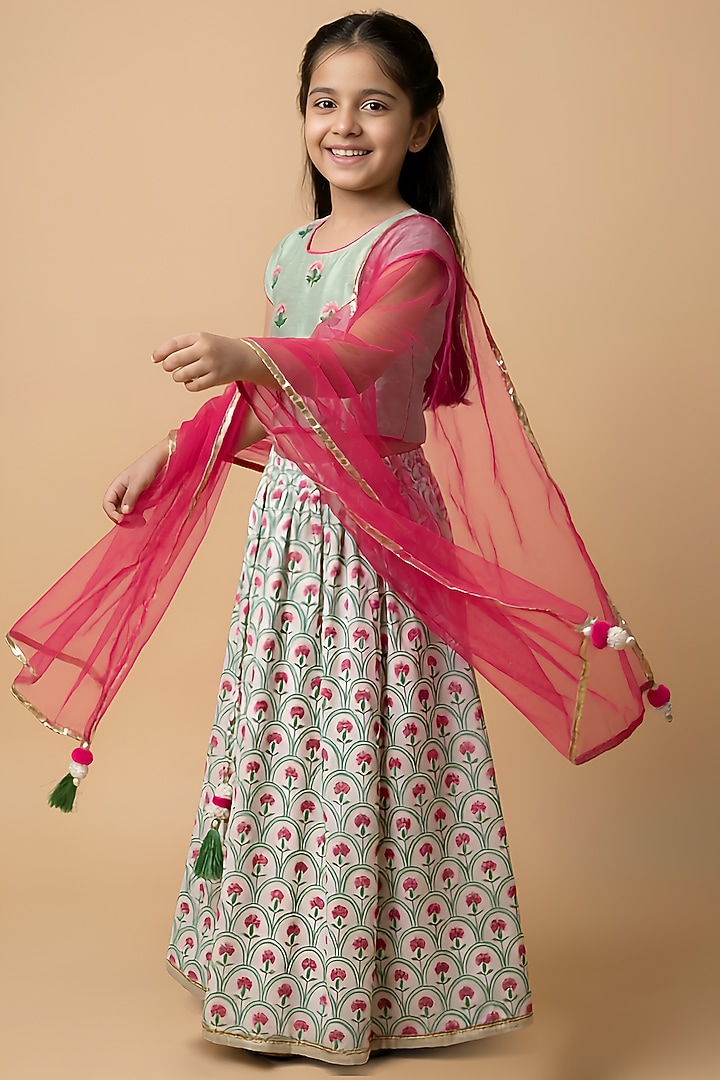Pastel Green Cotton Muslin Gathered Lehenga Set For Girls by Be Bonnie at Pernia's Pop Up Shop