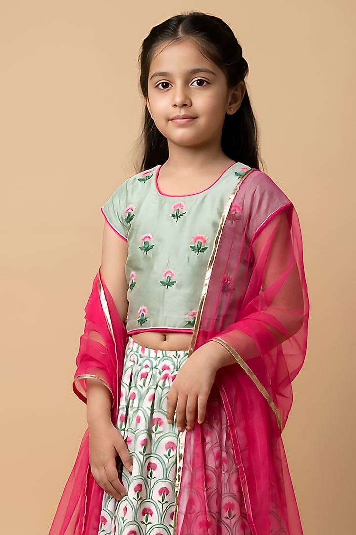 Pastel Green Cotton Muslin Gathered Lehenga Set For Girls by Be Bonnie at Pernia's Pop Up Shop
