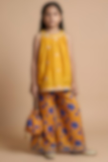 Mustard Yellow Cotton Muslin Floral Printed Sharara Set For Girls by Be Bonnie at Pernia's Pop Up Shop