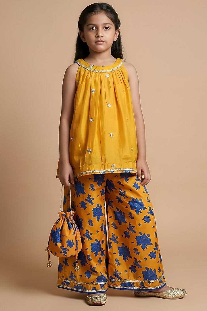 Mustard Yellow Cotton Muslin Floral Printed Sharara Set For Girls by Be Bonnie at Pernia's Pop Up Shop