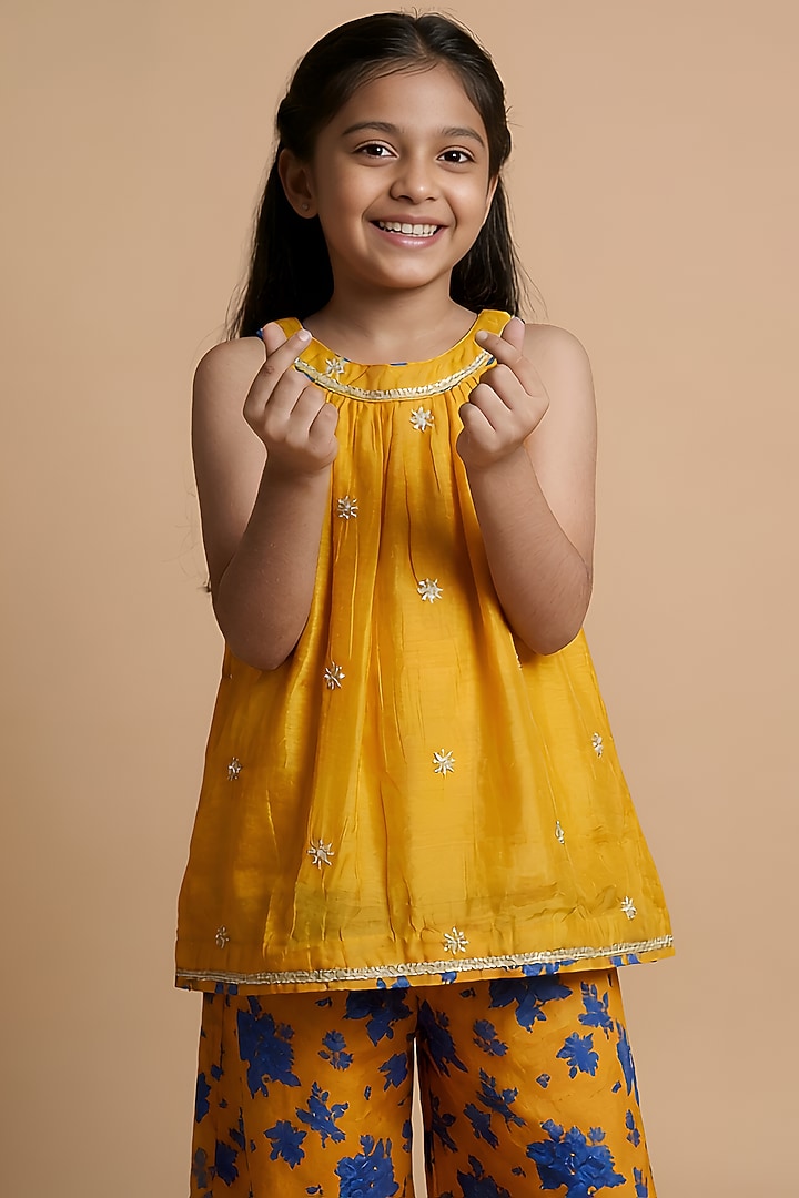 Mustard Yellow Cotton Muslin Floral Printed Sharara Set For Girls by Be Bonnie at Pernia's Pop Up Shop