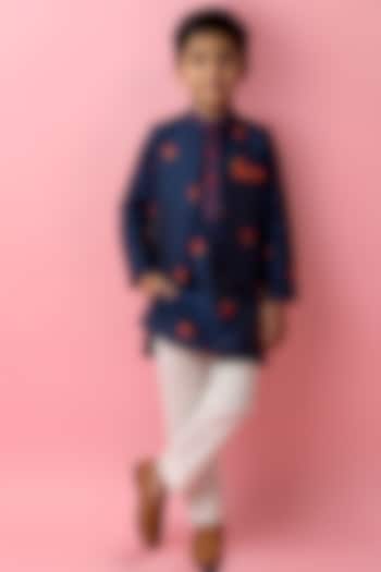Navy Blue Cotton Muslin Floral Printed Front Open Jacket Set For Boys by Be Bonnie at Pernia's Pop Up Shop