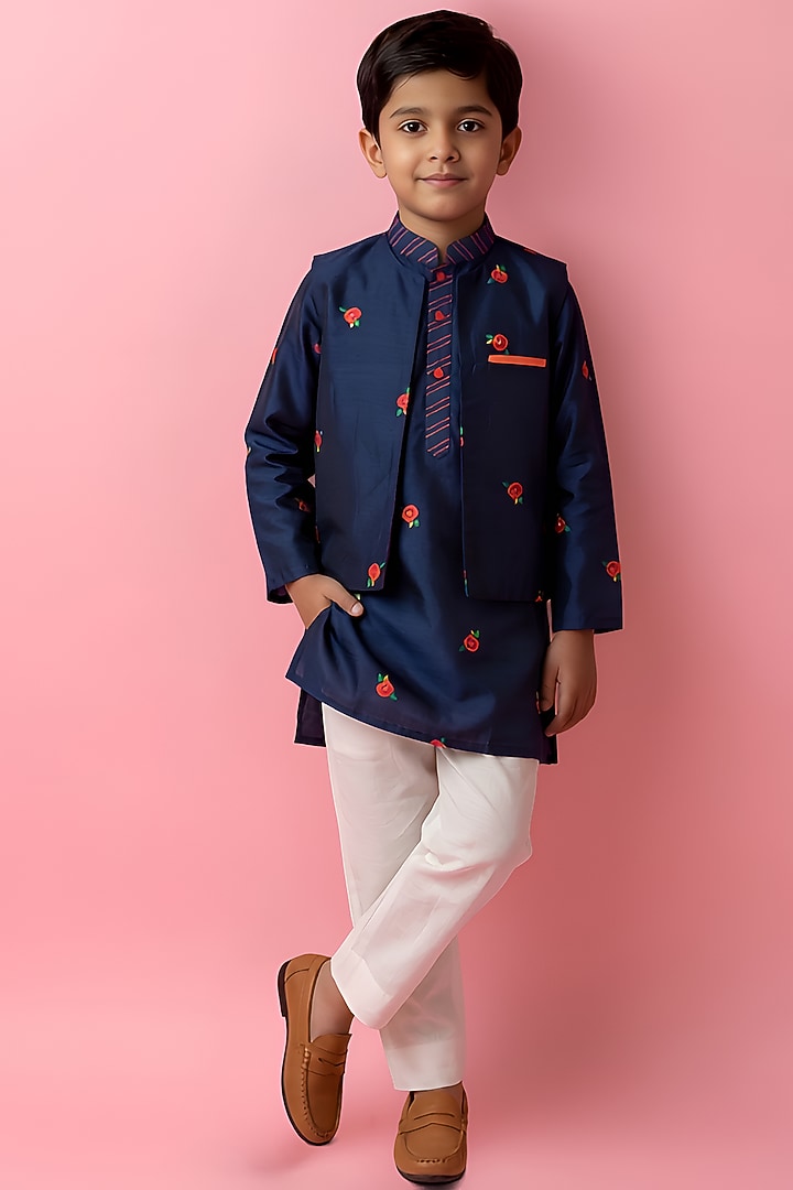Navy Blue Cotton Muslin Floral Printed Front Open Jacket Set For Boys by Be Bonnie at Pernia's Pop Up Shop