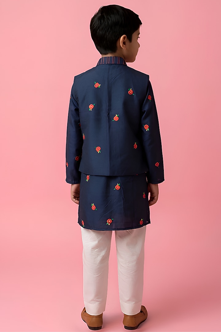 Navy Blue Cotton Muslin Floral Printed Front Open Jacket Set For Boys by Be Bonnie at Pernia's Pop Up Shop