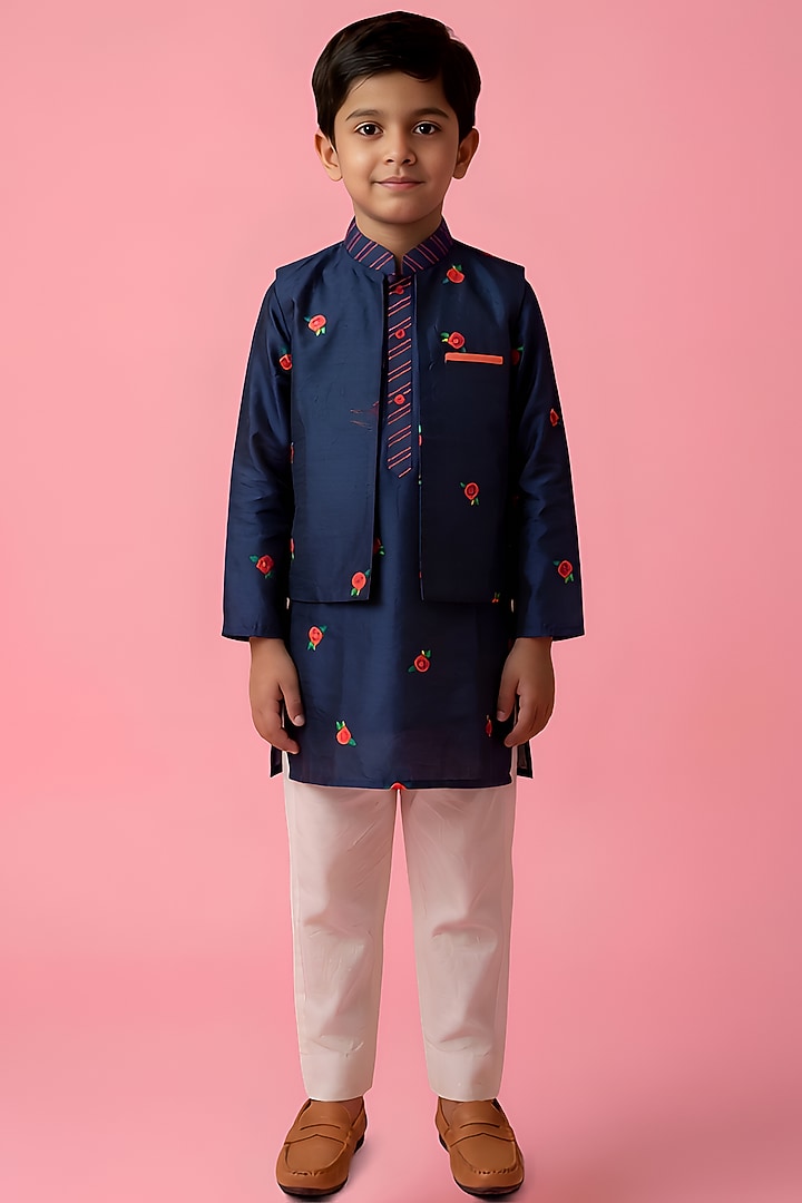 Navy Blue Cotton Muslin Floral Printed Front Open Jacket Set For Boys by Be Bonnie at Pernia's Pop Up Shop