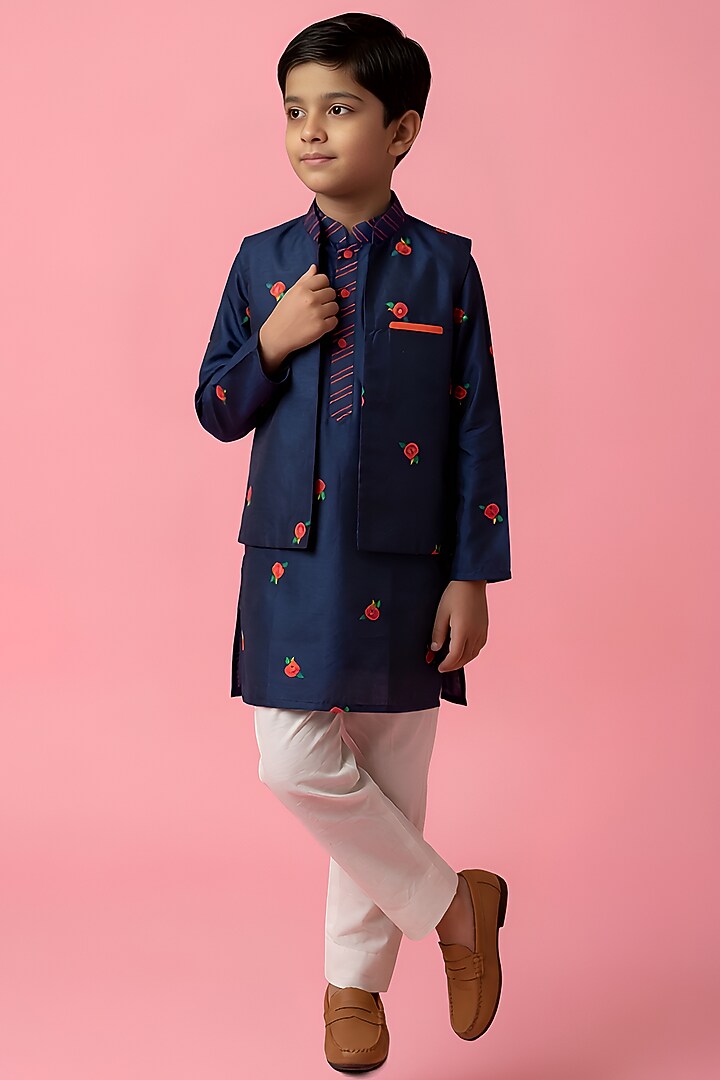Navy Blue Cotton Muslin Floral Printed Front Open Jacket Set For Boys by Be Bonnie at Pernia's Pop Up Shop