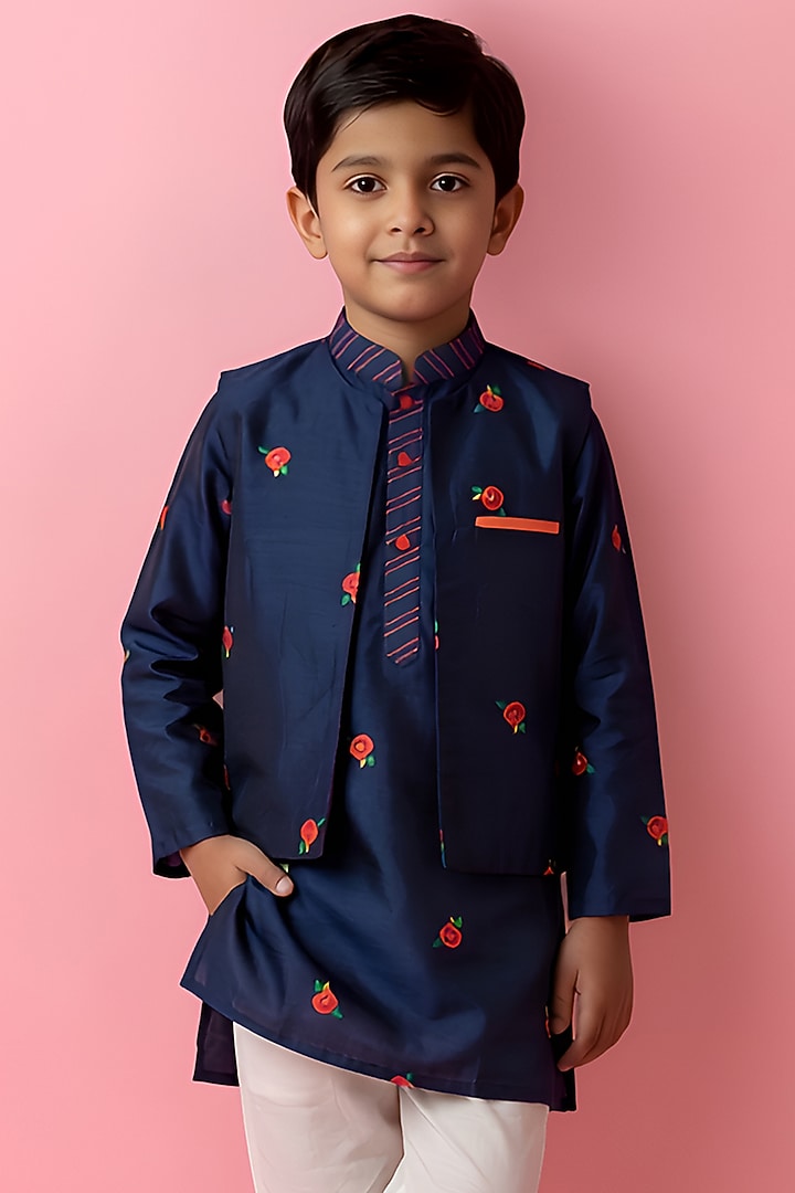 Navy Blue Cotton Muslin Floral Printed Front Open Jacket Set For Boys by Be Bonnie at Pernia's Pop Up Shop