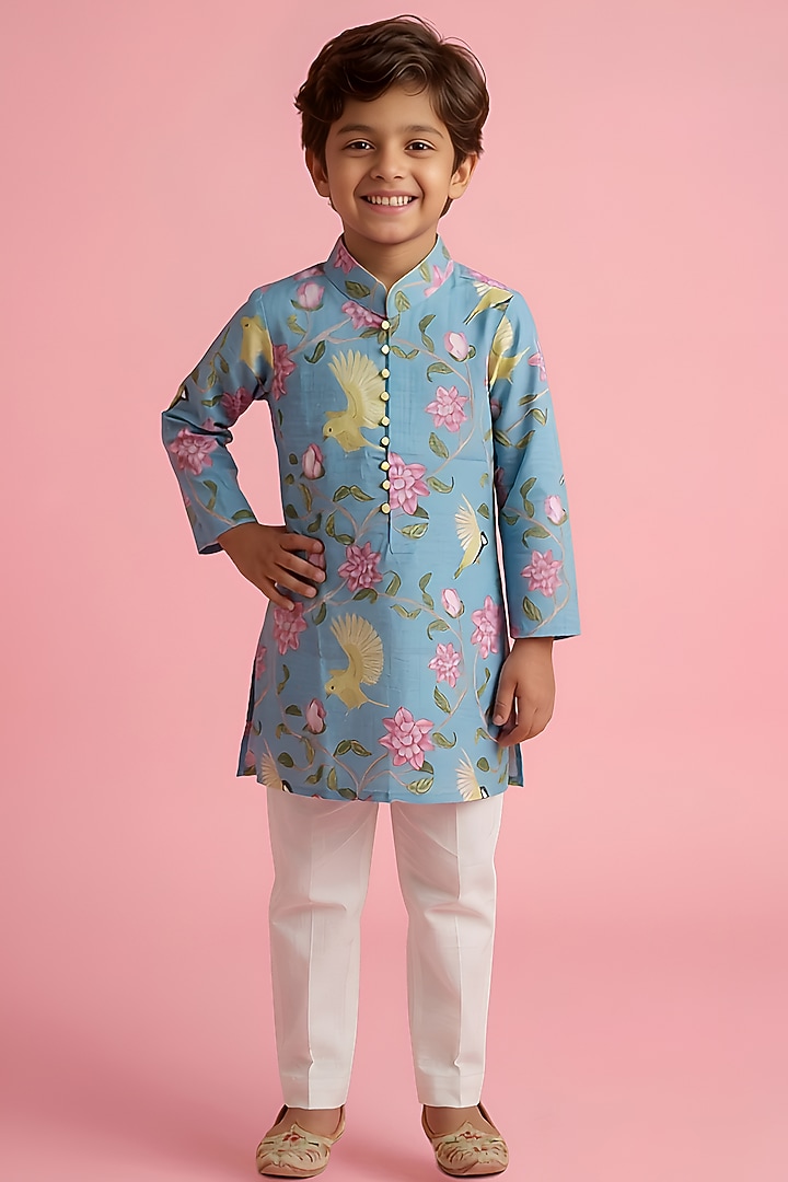 Blue Cotton Muslin Kurta Set For Boys by Be Bonnie at Pernia's Pop Up Shop