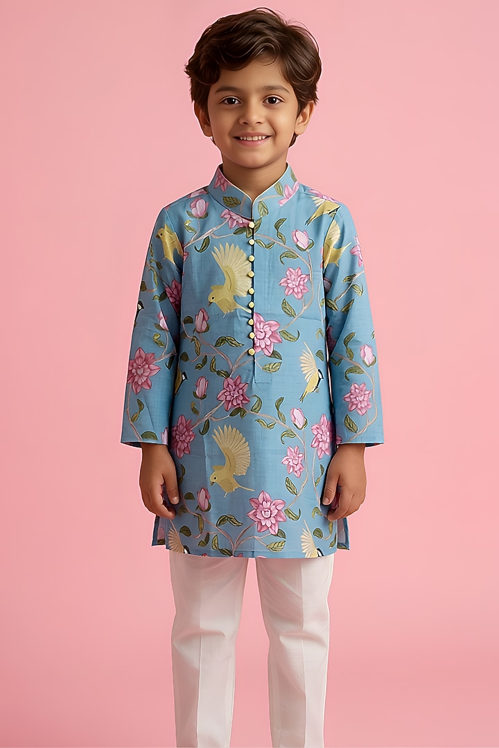 Blue Cotton Muslin Kurta Set For Boys by Be Bonnie at Pernia's Pop Up Shop