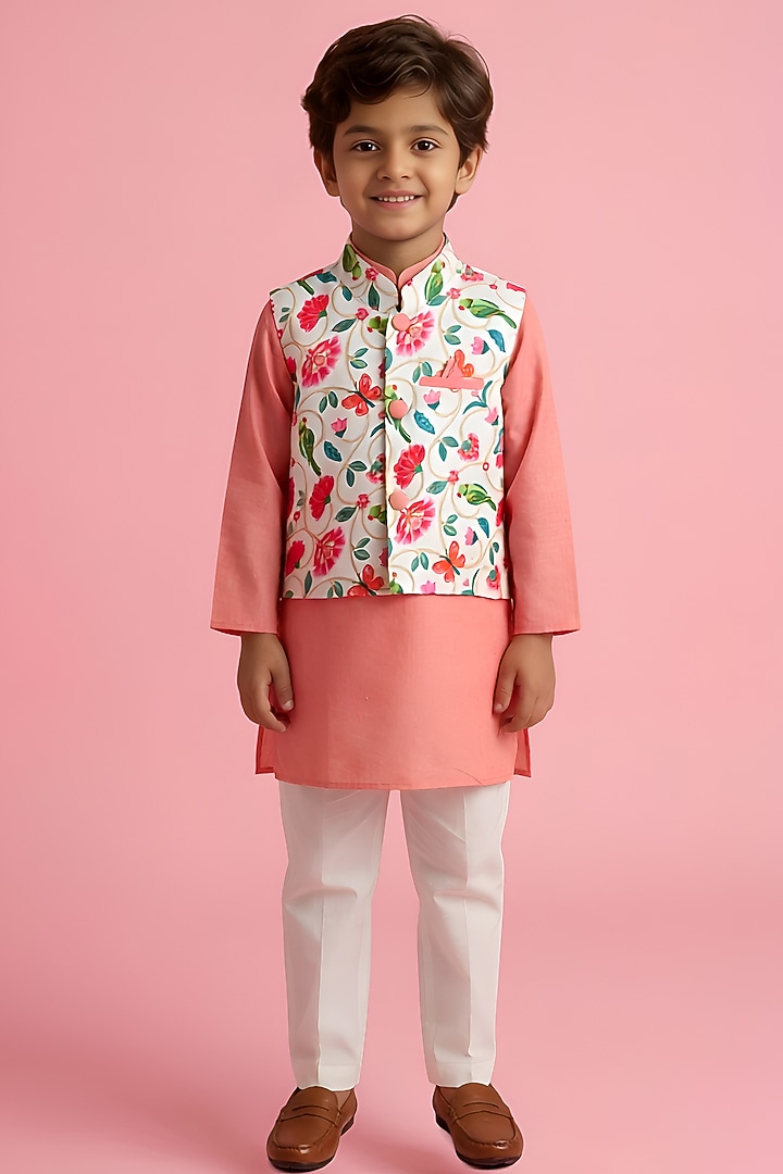 White Cotton Muslin Printed Nehru Jacket Set For Boys by Be Bonnie at Pernia's Pop Up Shop