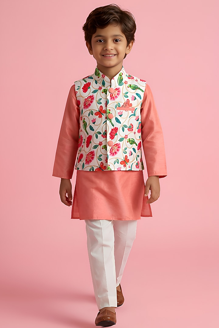 White Cotton Muslin Printed Nehru Jacket Set For Boys by Be Bonnie at Pernia's Pop Up Shop