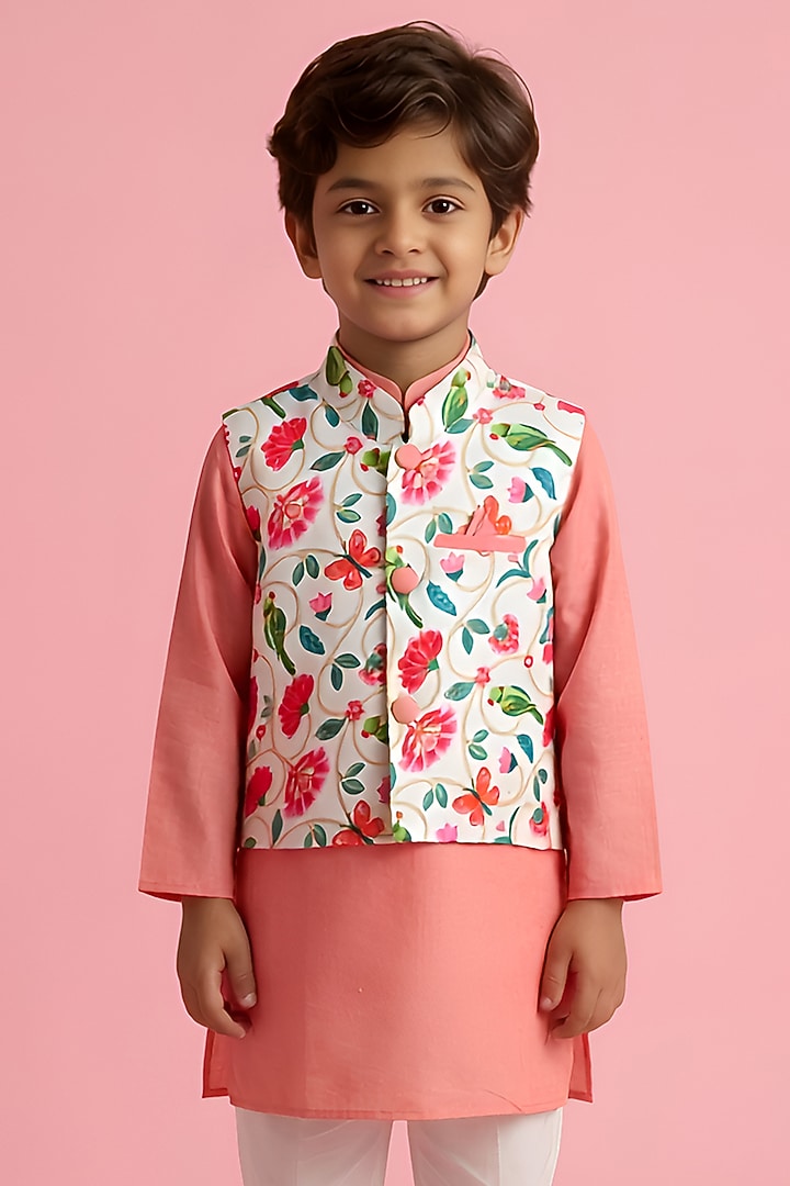 White Cotton Muslin Printed Nehru Jacket Set For Boys by Be Bonnie at Pernia's Pop Up Shop