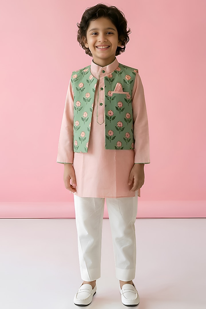 Green Cotton Muslin Nehru Jacket Set For Boys by Be Bonnie  at Pernia's Pop Up Shop