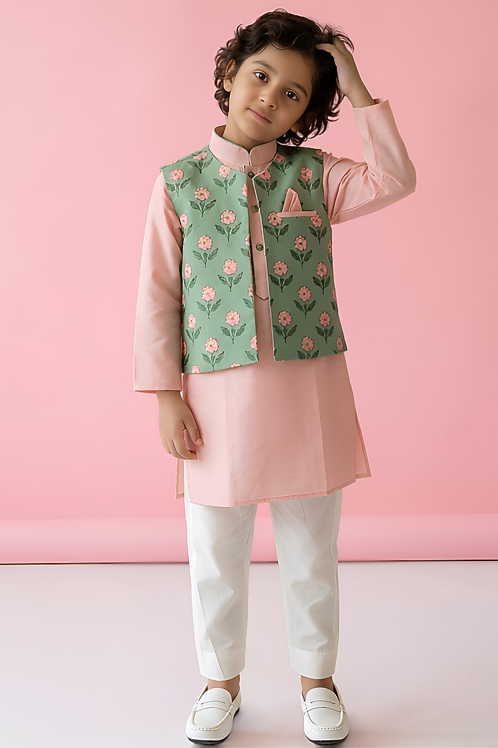 Green Cotton Muslin Nehru Jacket Set For Boys by Be Bonnie at Pernia's Pop Up Shop