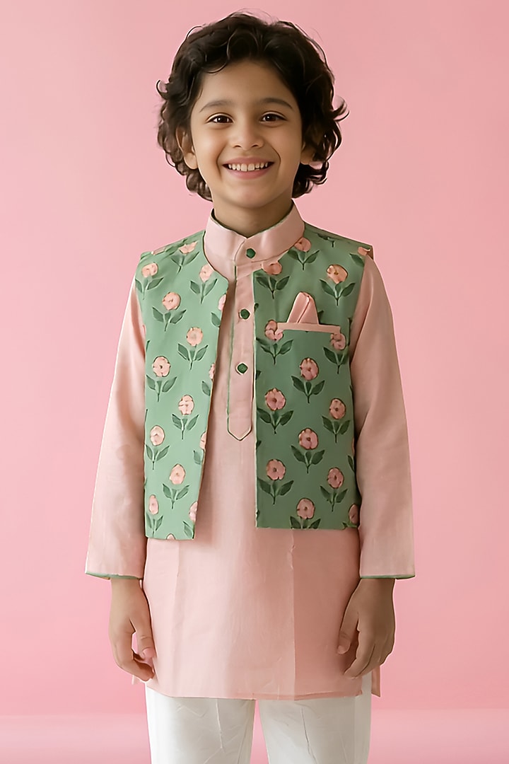 Green Cotton Muslin Nehru Jacket Set For Boys by Be Bonnie at Pernia's Pop Up Shop