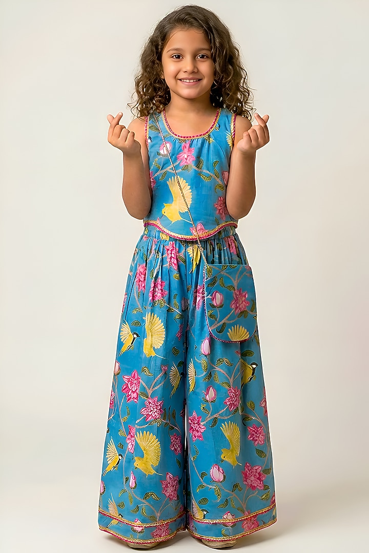 Blue Cotton Muslin Sharara Set For Girls by Be Bonnie at Pernia's Pop Up Shop