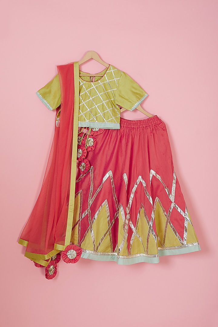 Red Cotton Silk Lehenga Set For Girls by Be Bonnie