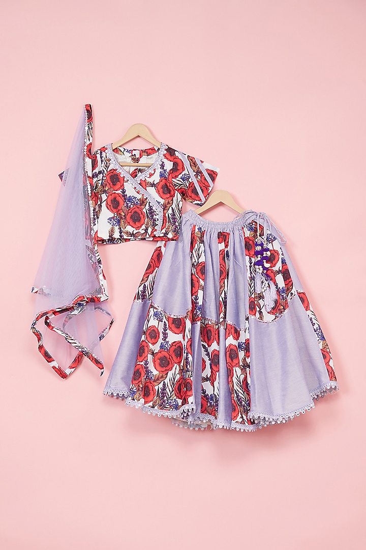 Violet Cotton Silk Floral Patchwork Lehenga Set For Girls by Be Bonnie