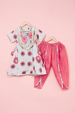 Coral Cotton Silk Dhoti Set For Girls by Be Bonnie