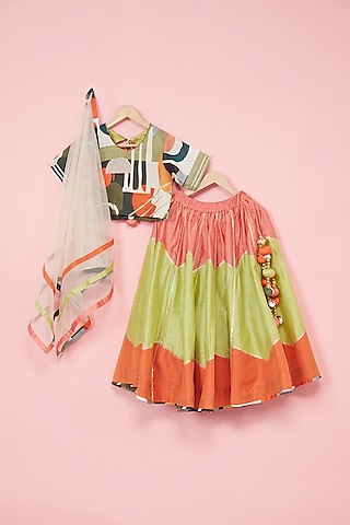Multi-Colored Cotton Silk Abstract Printed Lehenga Set For Girls by Be Bonnie