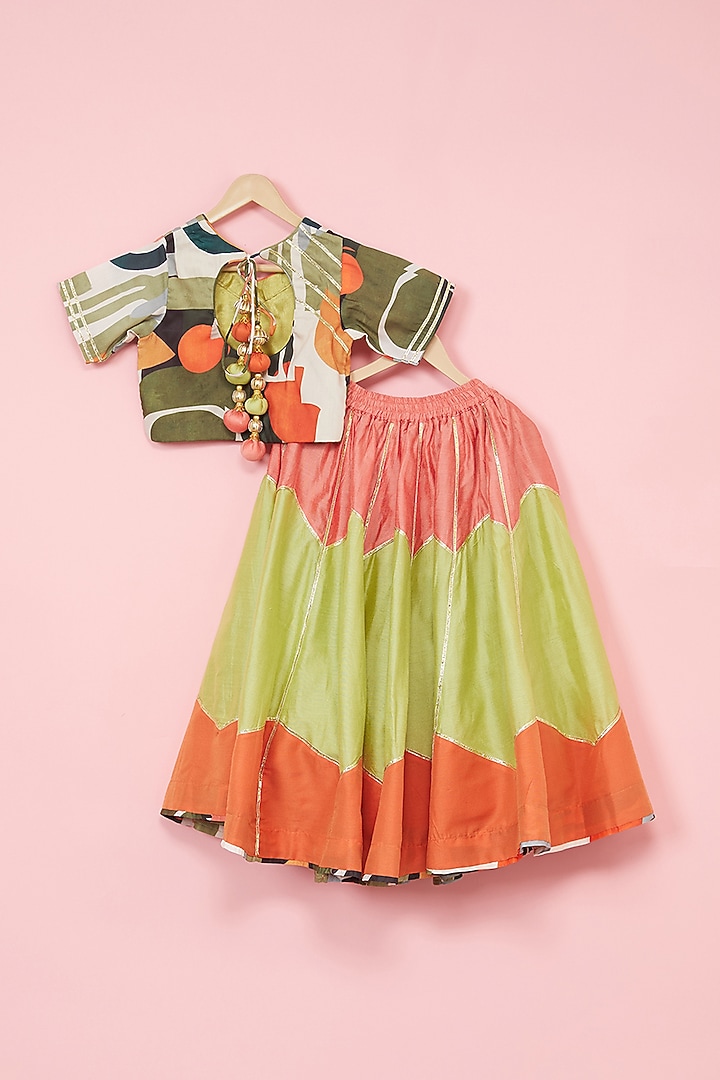 Multi-Colored Cotton Silk Abstract Printed Lehenga Set For Girls by Be Bonnie at Pernia's Pop Up Shop