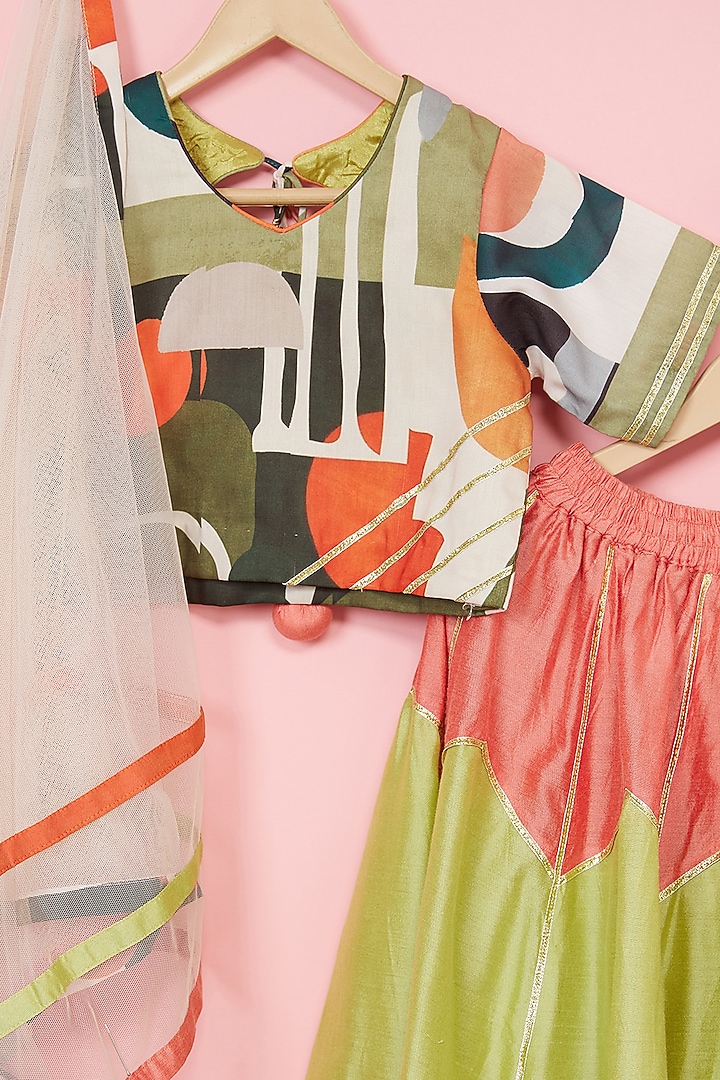 Multi-Colored Cotton Silk Abstract Printed Lehenga Set For Girls by Be Bonnie at Pernia's Pop Up Shop