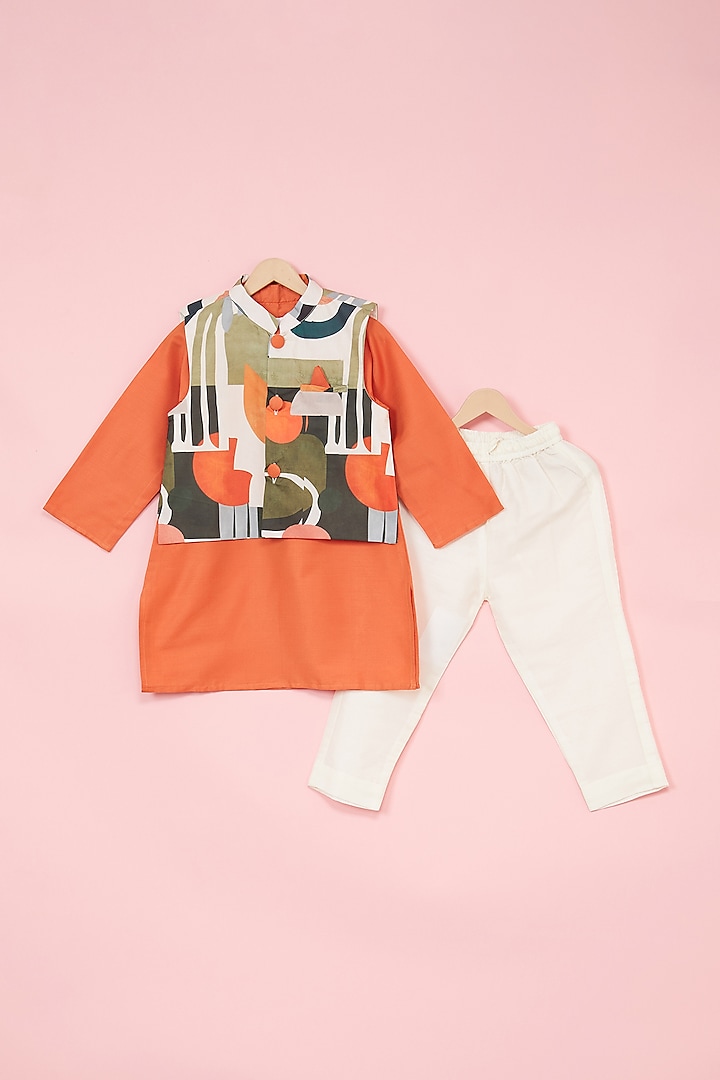 Multi-Colored Cotton Muslin Abstract Printed Nehru Jacket Set For Boys by Be Bonnie