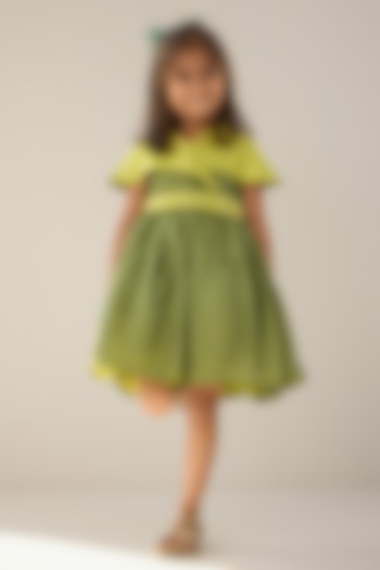 Green Imported Satin Pearl Embellished Flared Dress For Girls by Be Bonnie at Pernia's Pop Up Shop