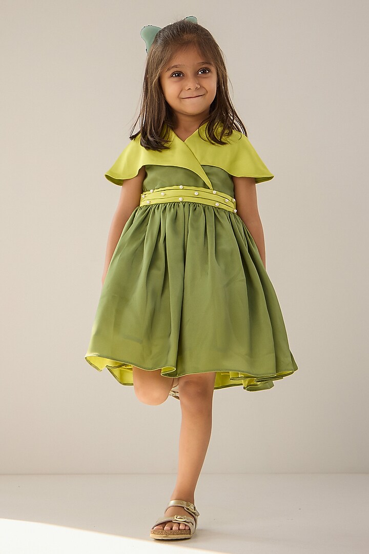 Green Imported Satin Pearl Embellished Flared Dress For Girls by Be Bonnie at Pernia's Pop Up Shop