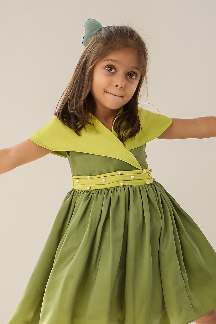 Green Imported Satin Pearl Embellished Flared Dress For Girls by Be Bonnie at Pernia's Pop Up Shop