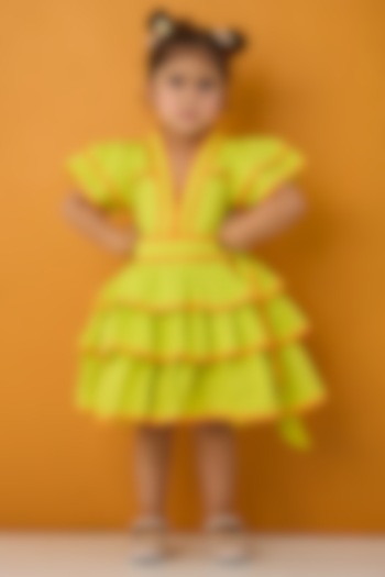 Neon Green Cotton Poplin Flared Dress For Girls by Be Bonnie at Pernia's Pop Up Shop