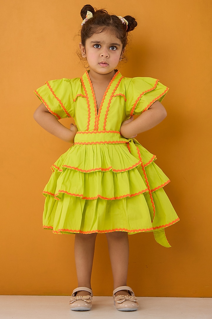 Neon Green Cotton Poplin Flared Dress For Girls by Be Bonnie at Pernia's Pop Up Shop