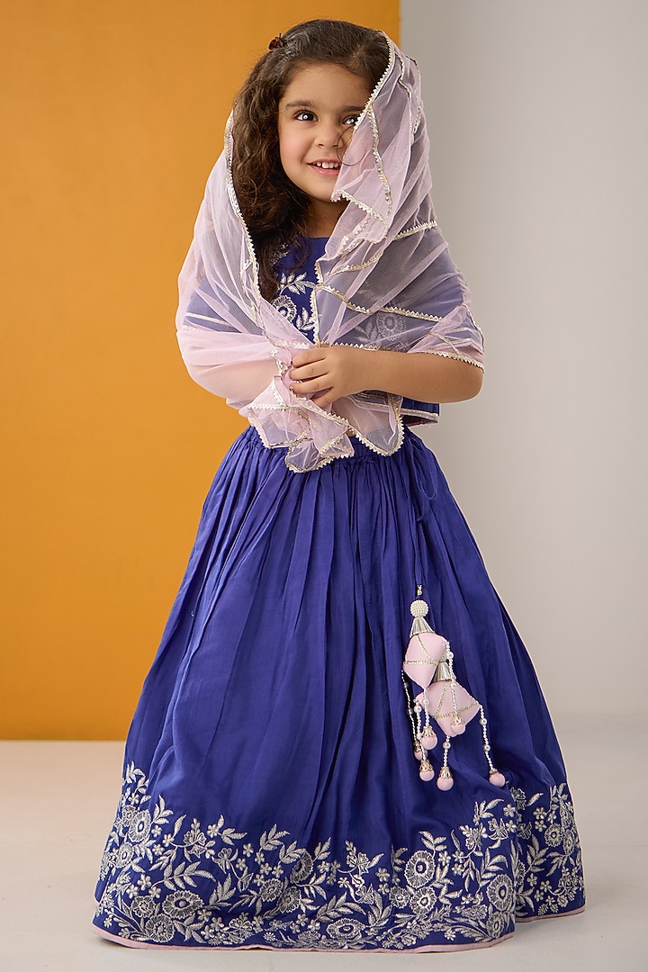 Ink Blue Silk Embroidered Lehenga Set For Girls by Be Bonnie at Pernia's Pop Up Shop