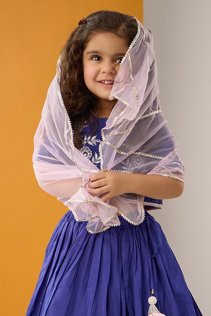 Ink Blue Silk Embroidered Lehenga Set For Girls by Be Bonnie at Pernia's Pop Up Shop