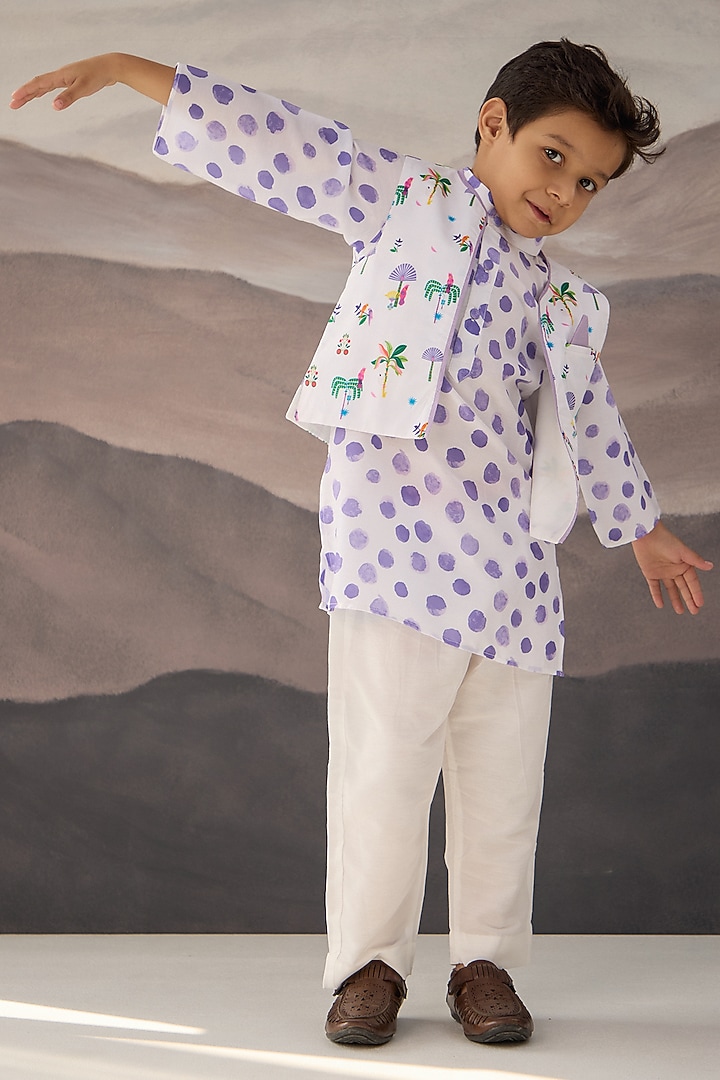 White & Purple Cotton Muslin Polka Dot Printed Jacket Set For Boys by Be Bonnie at Pernia's Pop Up Shop