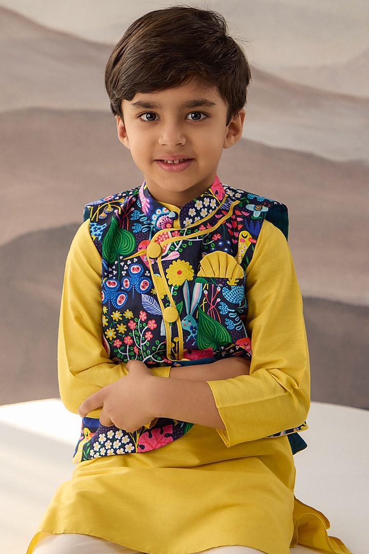 Multi-Colored Cotton Muslin Floral Bundi Jacket Set For Boys by Be Bonnie at Pernia's Pop Up Shop