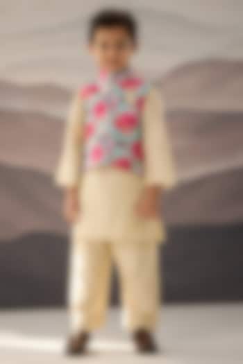 Multi-Colored Cotton Silk Floral Bundi Jacket Set For Boys by Be Bonnie at Pernia's Pop Up Shop