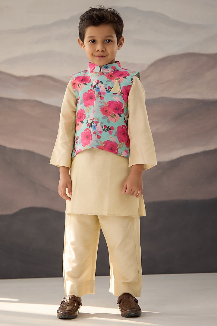 Multi-Colored Cotton Silk Floral Bundi Jacket Set For Boys by Be Bonnie at Pernia's Pop Up Shop