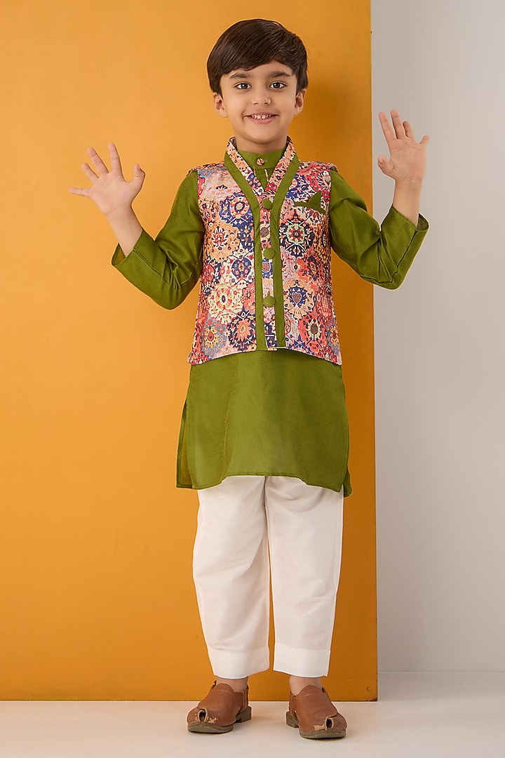 Multi-Colored Cotton Silk Bundi Jacket Set For Boys by Be Bonnie at Pernia's Pop Up Shop