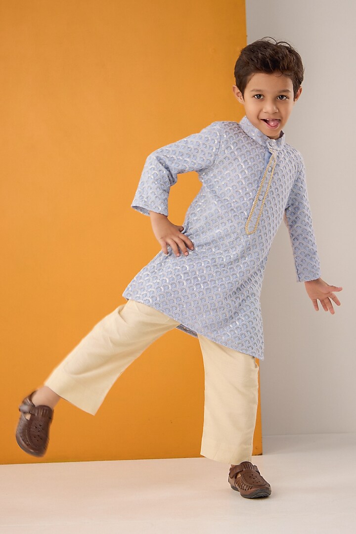 Blue Georgette Lucknowi Kurta Set For Boys by Be Bonnie at Pernia's Pop Up Shop
