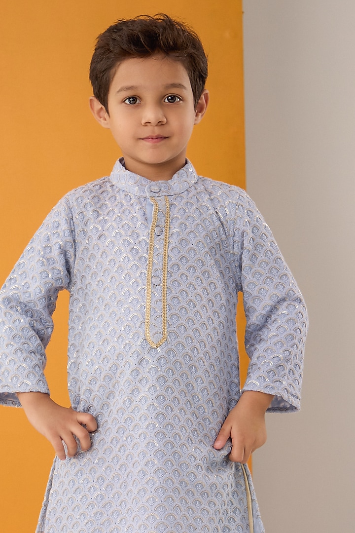 Blue Georgette Lucknowi Kurta Set For Boys by Be Bonnie at Pernia's Pop Up Shop