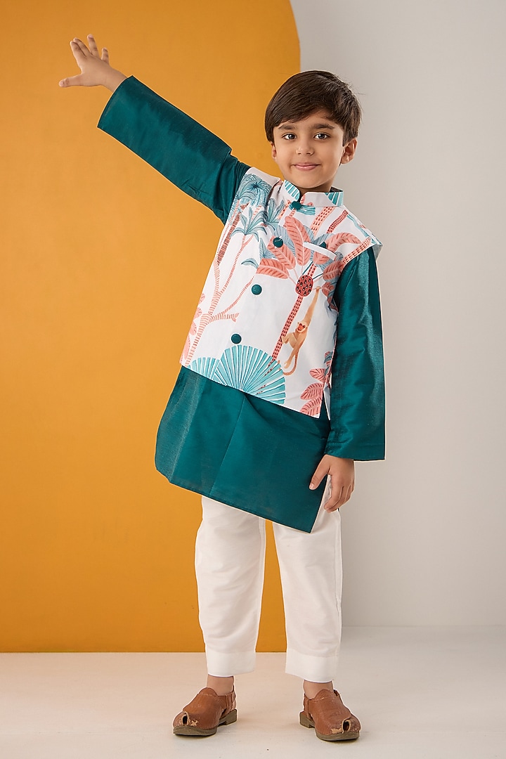 White Cotton Muslin Printed Bundi Jacket Set For Boys by Be Bonnie at Pernia's Pop Up Shop