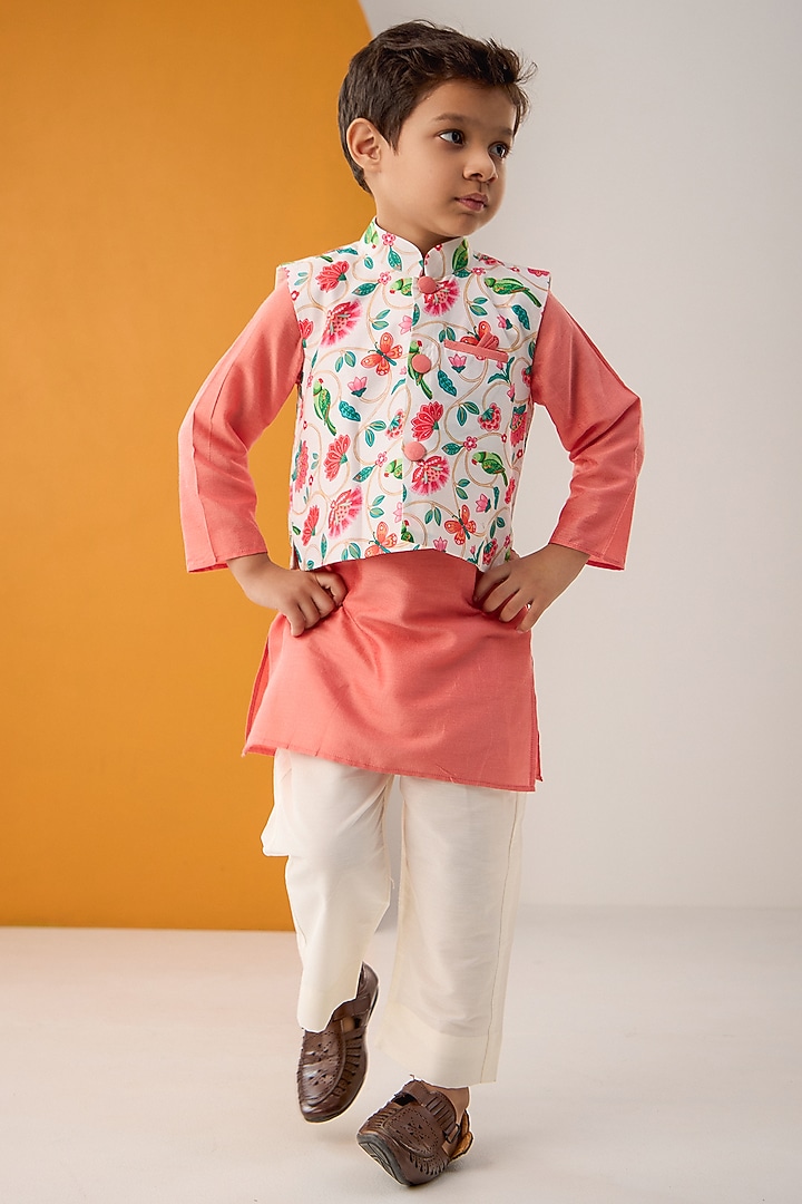 White Cotton Muslin Floral Printed Bundi Jacket Set For Boys by Be Bonnie at Pernia's Pop Up Shop