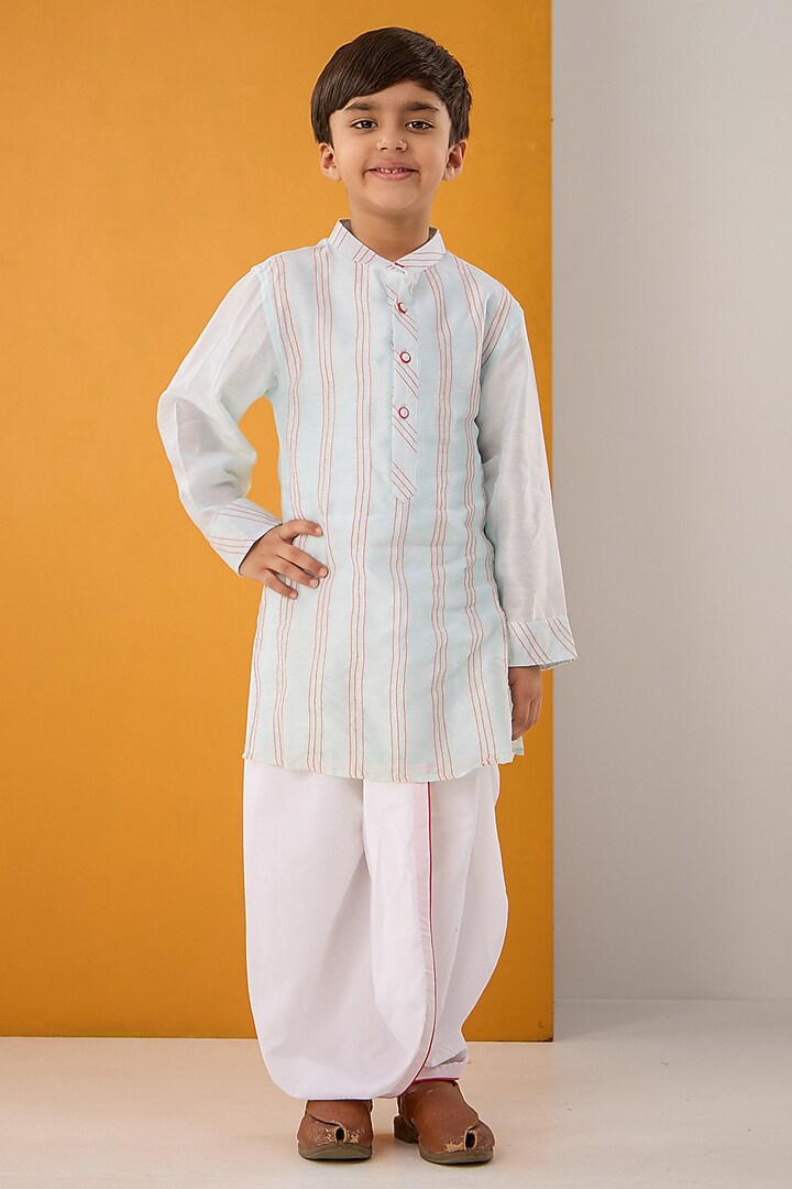 Powder Blue Chanderi Thread Work Kurta Set For Boys by Be Bonnie at Pernia's Pop Up Shop