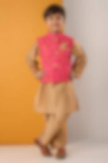 Pink Cotton Muslin Polka Dot Printed Bundi Jacket Set For Boys by Be Bonnie at Pernia's Pop Up Shop