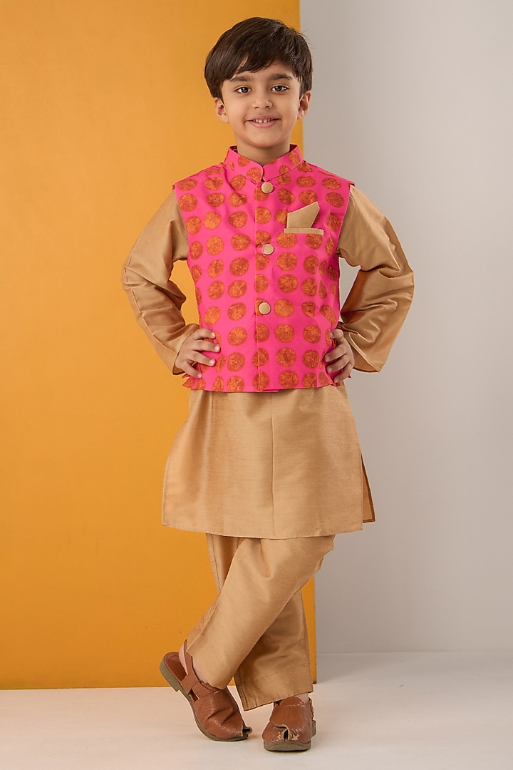 Pink Cotton Muslin Polka Dot Printed Bundi Jacket Set For Boys by Be Bonnie at Pernia's Pop Up Shop