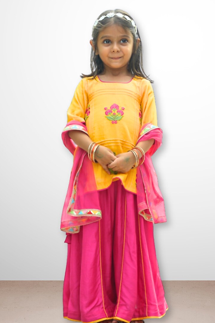 Pink Cotton Muslin Floral Embroidered Kali Sharara Set For Girls by Be Bonnie at Pernia's Pop Up Shop